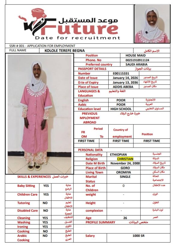 KOLOLE TEREFE BEGNA    E00115331