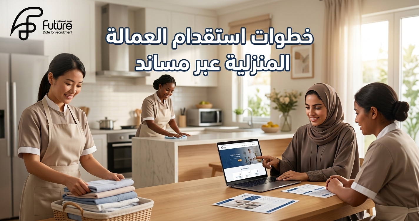 تعرف على خطوات استقدام العمالة المنزلية عبر مساند من إصدار التأشيرة حتى التعاقد واختيار العمالة، مع أهم المتطلبات والإجراءات عبر موعد المستقبل للاستقدام 